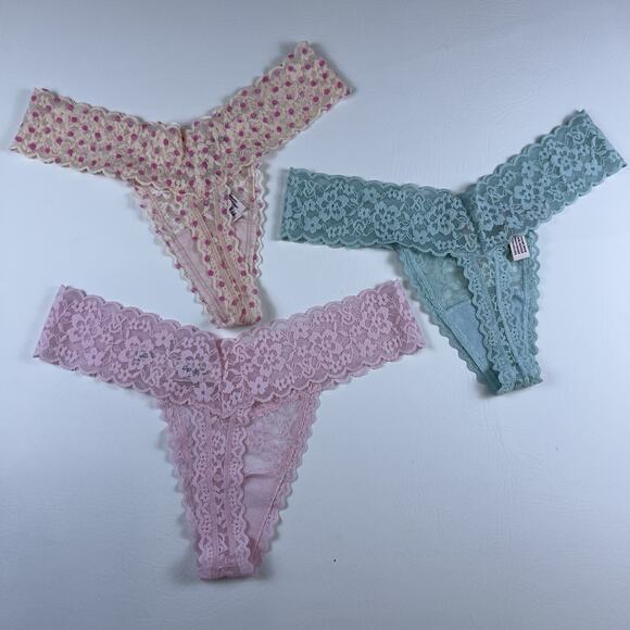 Victoria’s Secret 3 Lace Thongs Floral Mint Green Pink & Cream Polka Dot S.S NWT - Picture 2 of 8